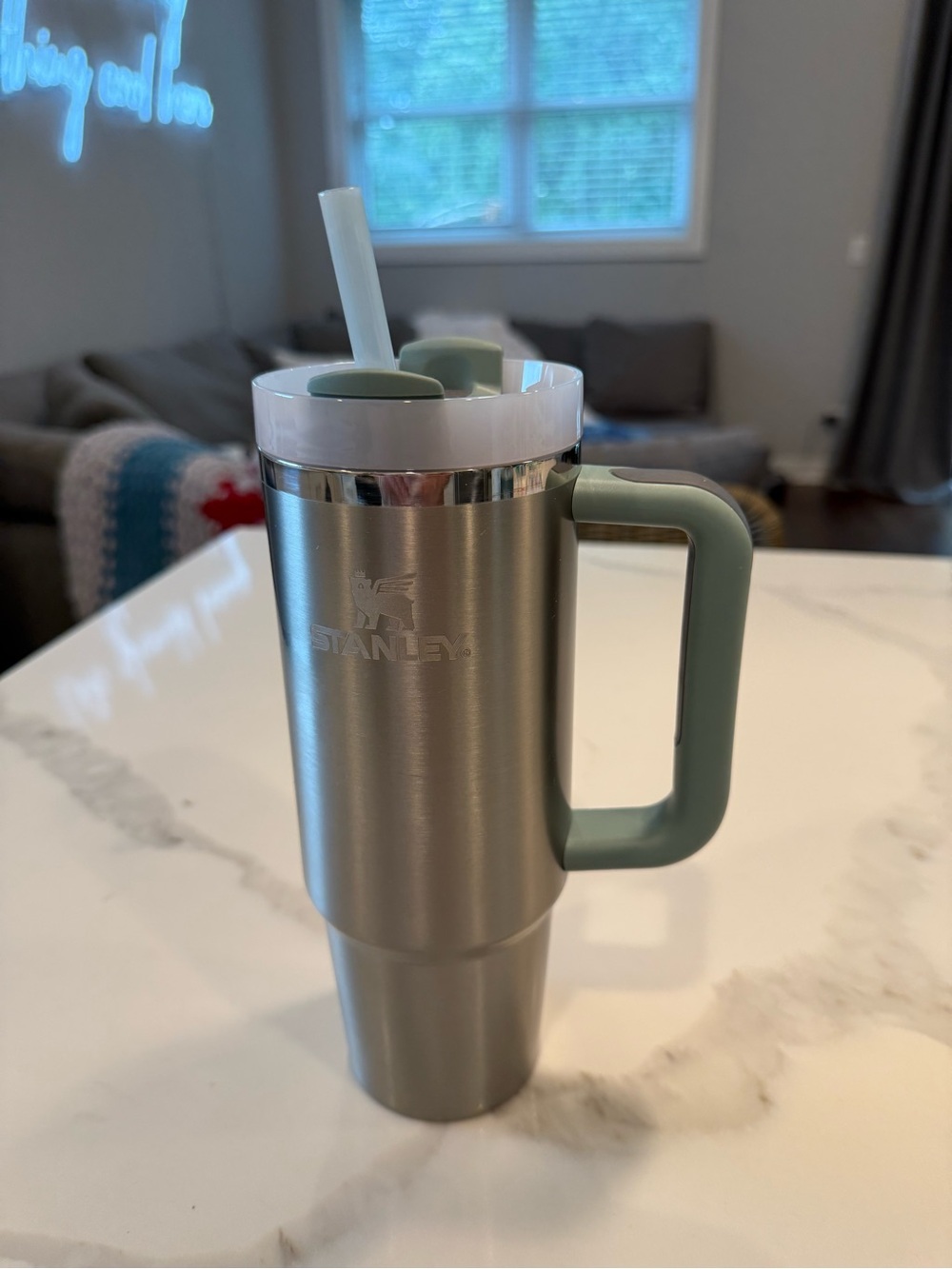 Stanley Stainless Travel Tumbler with Sage Handle and White Lid